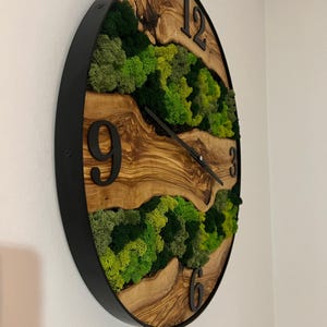 Farmhouse Style Wood Live Edge Wall Clock, Reindeer Moss and Olive Wood Wall Art, Made to Order Black Metal Framed and Olive Wood Wall Clock