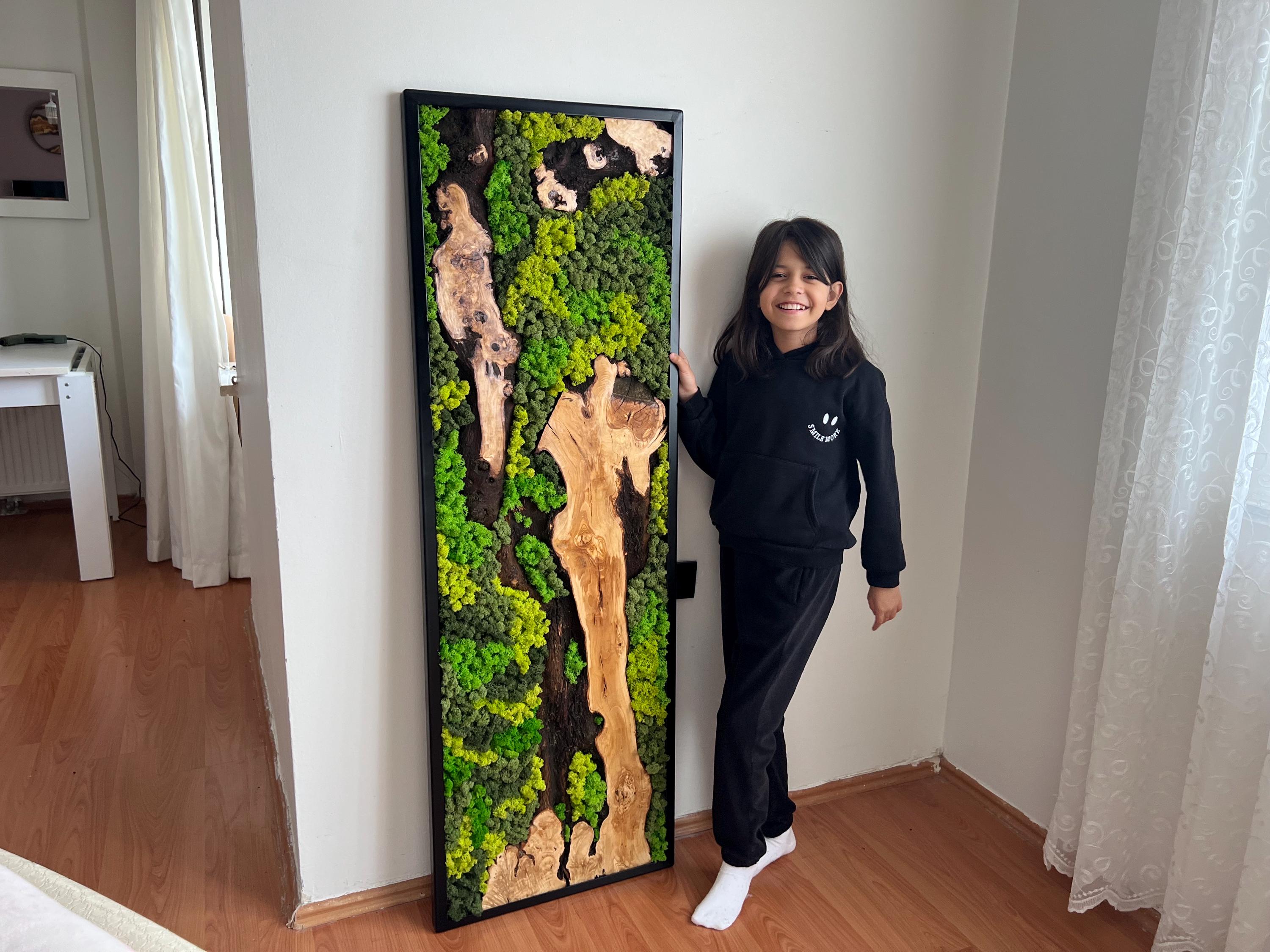 Handcrafted Olive Wood and Moss Wall Art, Custom Olive Wood and Preserved Moss Wall Decor, Biophilic Olive Wood and Moss Wall Hanging