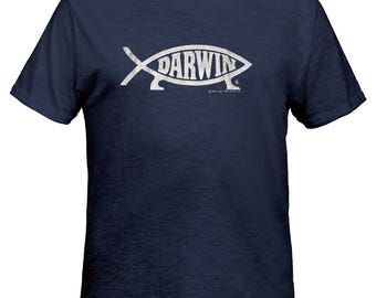 Darwin Fish Big Logo T-shirt, Navy With Silver-gray Imprint