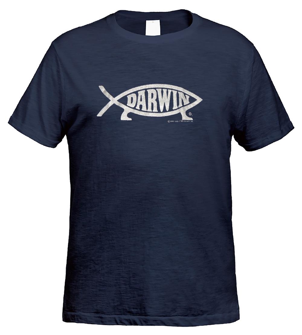 Darwin Fish Big Logo T-shirt, Navy With Silver-gray Imprint