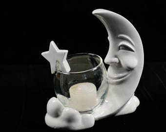 Vintage Fitz + Floyd Moon Candle Holder, Porcelain Star Decor