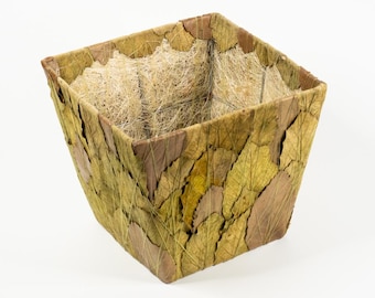 Natural Dried Leaf Cache Pot Planter Cover – Botanical Square Plant Holder (7"x 7" x 6")