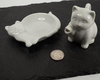Cute Cat Tea Caddy and Personal Creamer Set, or Buy Individual Pieces, White Porcelain, Cat Design