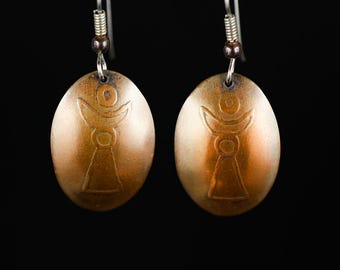 Copper Earrings, Goddess Shield Relief Design, Vintage 1970s