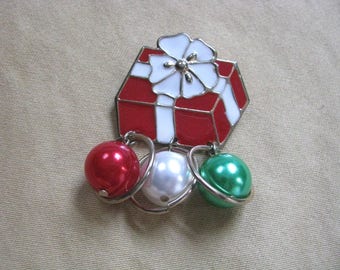 Vintage red white gold tone package pin brooch with dangles