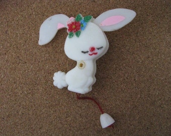 Vintage plastic bunny rabbit brooch pin with movable ears & tail