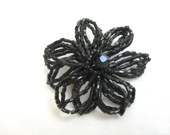 Vintage black beaded flower pin flower brooch