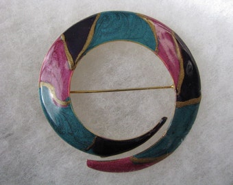 Round teal, purple, pink, gold tone vintage brooch pin