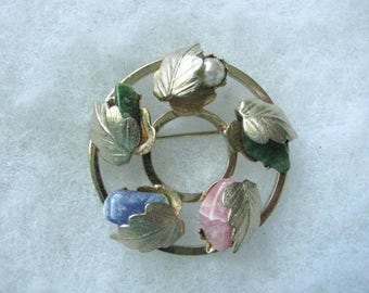 Lady Coventry Flowered Circle Gold tone pin brooch pink green rose quartz stones by Sarah Coventry