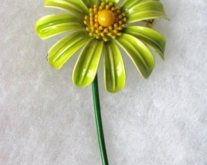 Perky Lime Green Daisy Enamel Flower Pin Brooch With Orange Center Etsy