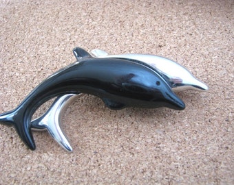 Black and silver tone double fish porpoise pin brooch by LC