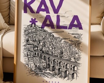 Kavala city wall art print, Kavala Greece cityscape poster