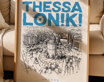 Thessaloniki city wall art print, Thessaloniki Greece cityscape poster