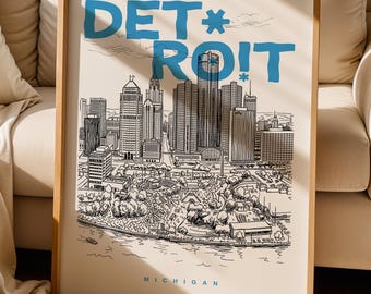 Detroit city wall art print, Detroit Michigan cityscape poster