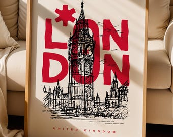 London print, London typography with Big Ben sketch illustration, London poster