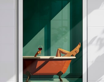 Puede incluir: Impresión artística enmarcada que representa a una persona relajándose en una bañera naranja vintage, sosteniendo una copa de vino tinto. El baño tiene paredes color turquesa y una ventana con luz solar. La obra de arte está enmarcada en un marco blanco.