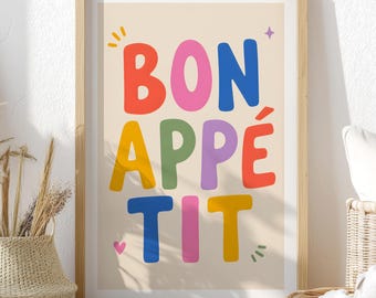 Bon Appetit Print, Colorful Kitchen Wall Art, French Quote Poster, Dining Room Decor, Cute Typography Print, Rainbow Kitchen Art Gift