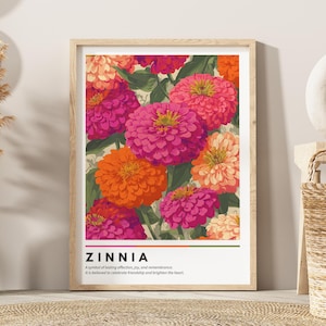 Zinnia flower wall art | botanical flower poster | vintage zinnia print | modern boho floral wall art | zinnia lover gifts