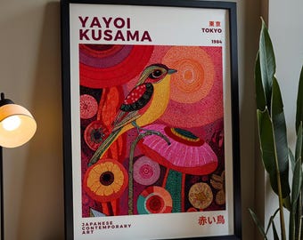 Yayoi Kusama Inspired Bird Print, Kusama Style Bird Print, Japanese Wall Art, Bird Lover Gift