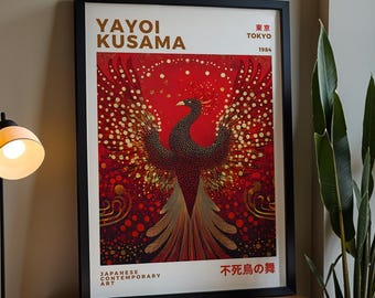 Yayoi Kusama Inspired Phoenix Print, Japanese Mythical Bird, Japandi Decor