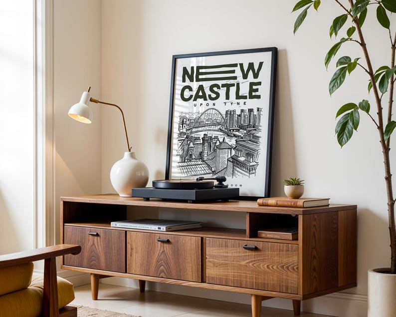 A minimalist New Castle Upon Tyne city wall art print focusing on clean lines and subtle contrasts to represent the skyline in an artistic way. This New Castle Upon Tyne cityscape poster is perfect for those who appreciate understated design, bringing a calm yet impactful interpretation into your home.