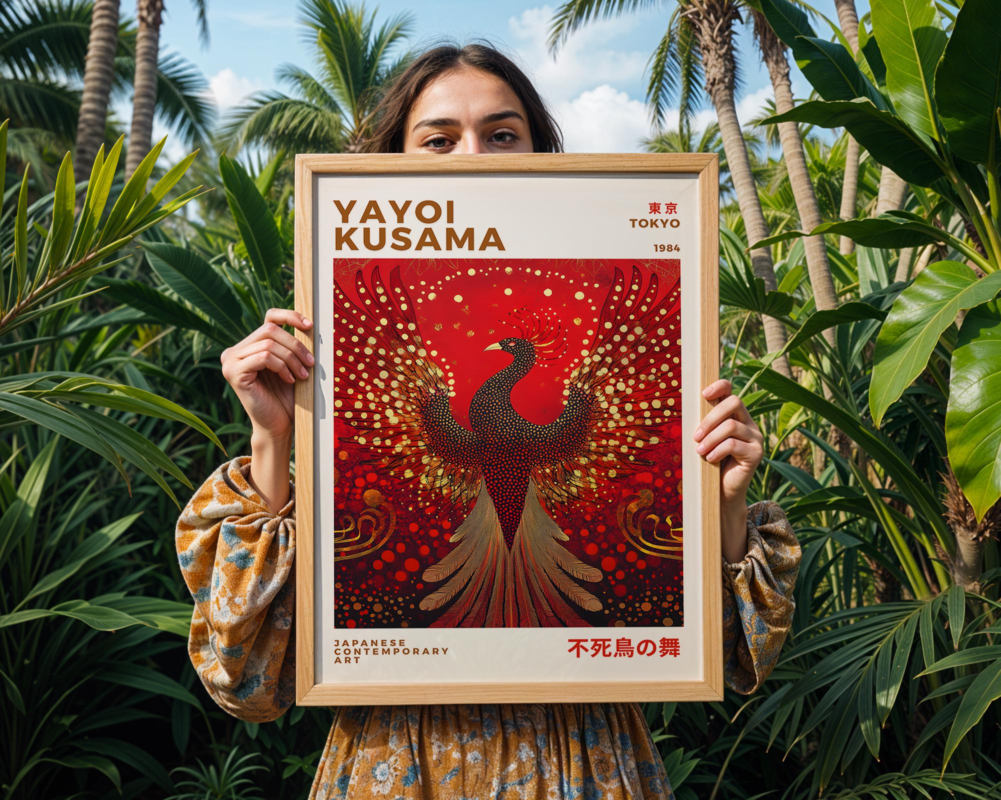 Yayoi Kusama Inspired Phoenix Print, Japanese Mythical Bird