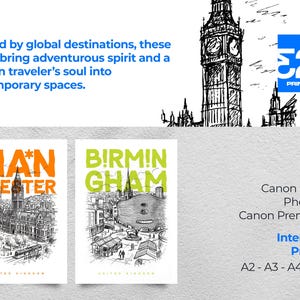 May include: Two travel-themed art prints with city names in bold colors. The "MANCHESTER" print is orange, and the "BIRMINGHAM" print is green. Both feature detailed black and white illustrations of cityscapes. The image also includes the 323 Printshop logo and material details.