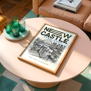 This New Castle Upon Tyne cityscape poster captures the essence of the city through a modern illustrative style, highlighting its bridges and skyline composition. As a New Castle Upon Tyne city wall art print, it blends seamlessly into both traditional and contemporary interiors, offering a sophisticated UK city aesthetic.