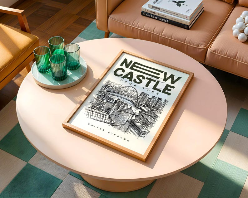 This New Castle Upon Tyne cityscape poster captures the essence of the city through a modern illustrative style, highlighting its bridges and skyline composition. As a New Castle Upon Tyne city wall art print, it blends seamlessly into both traditional and contemporary interiors, offering a sophisticated UK city aesthetic.
