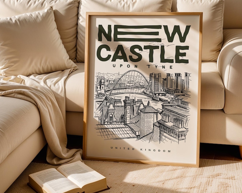 A detailed New Castle Upon Tyne city wall art print capturing the iconic skyline of the city, featuring its famous bridges and riverside views. This New Castle Upon Tyne cityscape poster reflects the city’s industrial heritage and vibrant atmosphere, making it a perfect decor piece for living rooms, offices, or modern interiors.