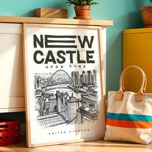 A stylish New Castle Upon Tyne city wall art print designed with a contemporary approach, emphasizing the harmony between riverfront views and urban architecture. This New Castle Upon Tyne cityscape poster enhances interiors with its balanced layout, making it ideal for home offices, studios, or modern decor spaces.
