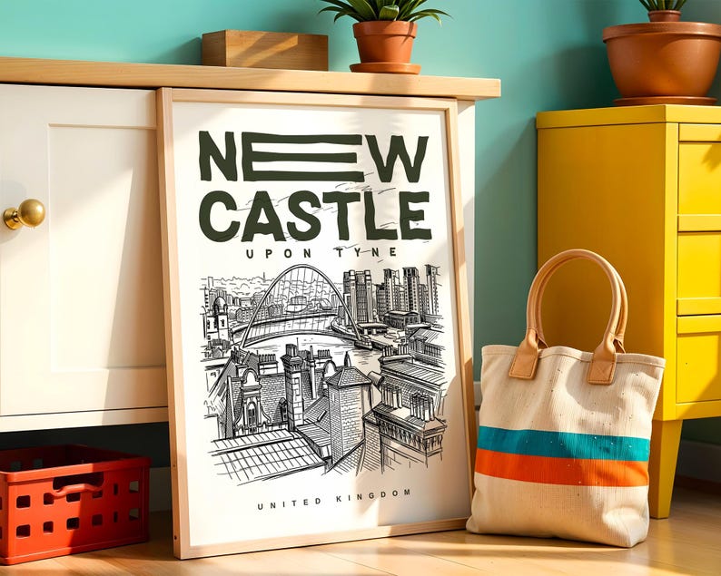 A stylish New Castle Upon Tyne city wall art print designed with a contemporary approach, emphasizing the harmony between riverfront views and urban architecture. This New Castle Upon Tyne cityscape poster enhances interiors with its balanced layout, making it ideal for home offices, studios, or modern decor spaces.