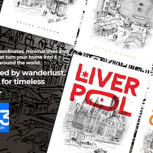 May include: A collection of black and white city prints with red and orange accents. The prints feature detailed line drawings of cityscapes, with text that reads "Liverpool" and "Manchester". The text "Global coordinates, minimal lines and prints that turn your home into a journey around the world. Inspired by wanderlust. Made for timeless walls." is also visible.