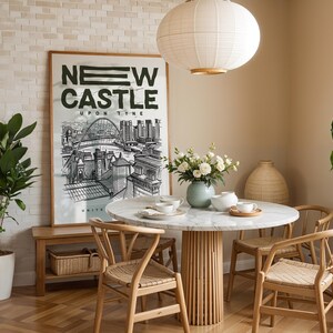 A refined New Castle Upon Tyne city wall art print showcasing the distinctive skyline with its iconic bridges spanning the river. This cityscape artwork captures the essence of urban transformation and architectural beauty, offering a sophisticated visual ideal for gallery walls or contemporary interiors.