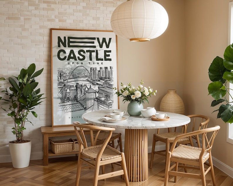 A refined New Castle Upon Tyne city wall art print showcasing the distinctive skyline with its iconic bridges spanning the river. This cityscape artwork captures the essence of urban transformation and architectural beauty, offering a sophisticated visual ideal for gallery walls or contemporary interiors.