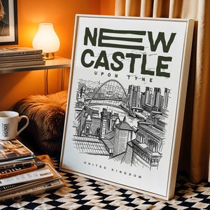 This New Castle Upon Tyne cityscape poster presents a clean and artistic interpretation of the skyline, focusing on structure, perspective, and subtle detailing. As a New Castle Upon Tyne city wall art print, it complements minimalist and Scandinavian interiors, adding a striking and elegant focal point.