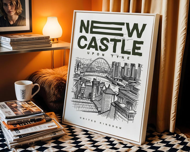 This New Castle Upon Tyne cityscape poster presents a clean and artistic interpretation of the skyline, focusing on structure, perspective, and subtle detailing. As a New Castle Upon Tyne city wall art print, it complements minimalist and Scandinavian interiors, adding a striking and elegant focal point.
