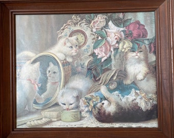 Vintage cat picture, framed print cats playing