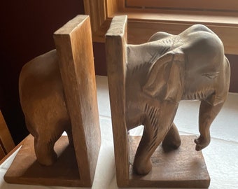 Wood elephant bookends, vintage book ends