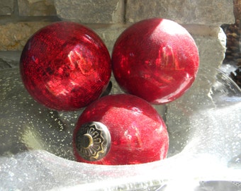 Vintage Red Orbs, Christmas decorations, bulbs Home Decor Victorian, set of 4