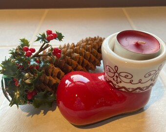 Pine cone ornament and red Christmas tea light Santa boot