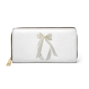 Elegante billetera blanca con delicado diseño de lazo, billetera minimalista, billetera de cuero para mujer, billetera bonita, regalo para damas de honor.