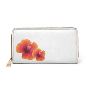 Elegante cartera floral blanca con diseño inspirado en hibiscos, cartera con cremallera para mujer, cartera minimalista, cartera bonita, estampados de verano, cartera para mujer