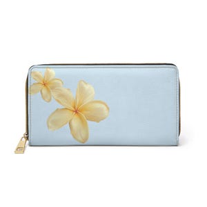Elegant Sky Blue Floral Wallet, Plumeria Design Zippered Leather Clutch, Minimalist Wallet, Cute Wallet, Wallet Women, Womens Wallet