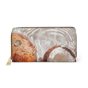 Cartera con estampado de coco tropical, ondas de agua realistas en piel sintética, minimalista, bonita, con cremallera