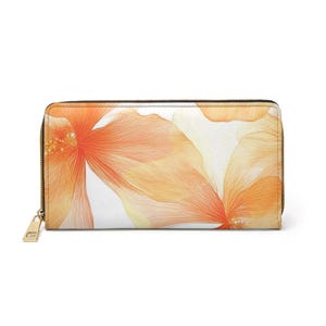 Portefeuille zippé Golden Bloom, élégant imprimé hibiscus orange sur simili cuir, portefeuille minimaliste, joli portefeuille, portefeuille femme, carte portefeuille