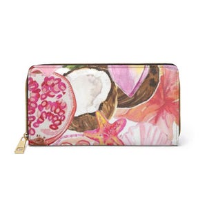 Cartera con cremallera Tropical Escape, diseño inspirado en frutas y mar en acuarela, estampados de verano, cartera minimalista Waller para mujer, cartera bonita