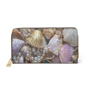 Cartera con cremallera Ocean Treasures, diseño de conchas y perlas, estampados veraniegos, cartera para mujer, cartera bonita, tarjetero, cartera de piel sintética