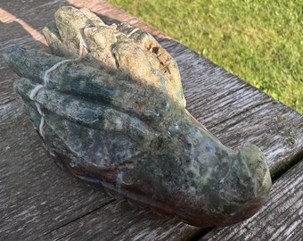 Mosagaat drakenkop snijwerk | Grote kristallen drakensculptuur | 485 g natuursteendraak | Fantasiekristallen decor 5,2 inch
