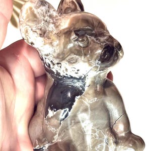 Volcano Agate Dog Carving | Smoky Cream Veining Crystal Puppy Figurine | Grounding Stone Animal Sculpture